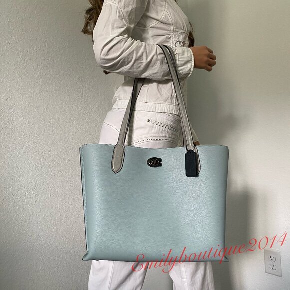 NWT Coach Retail C0692 Willow Pebble Leather Tote In Colorblock Aqua Grey Bag - Picture 1 of 12